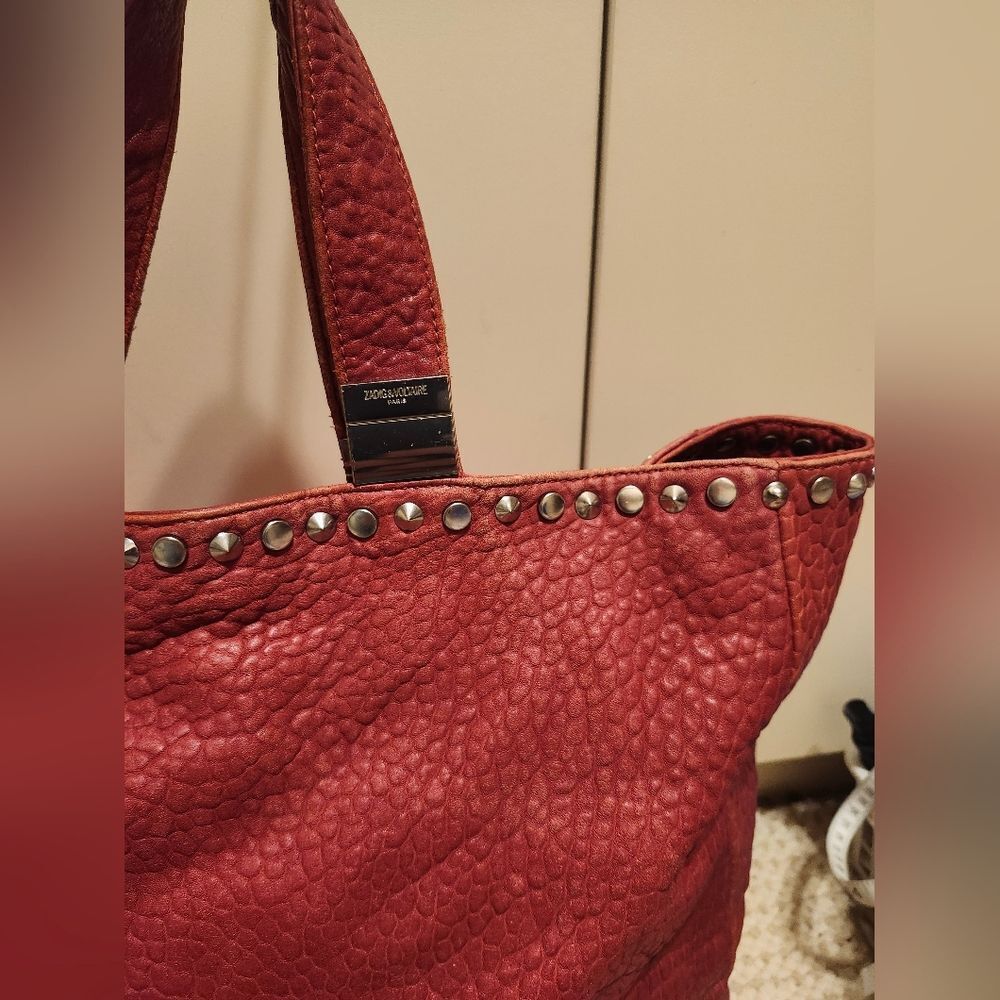 Zadig & Voltaire Red Pebbled Leather Silver Rock Stud Trim Handbag/Tote Ret.$695 - Picture 4 of 15